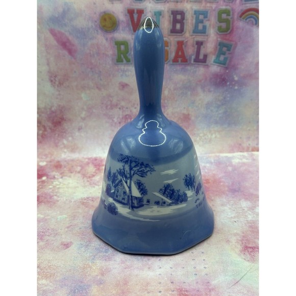 Porcelain Blue Table Bell Currier & Ives The Old Homestead in Winter ~ Vintage - Picture 3 of 6